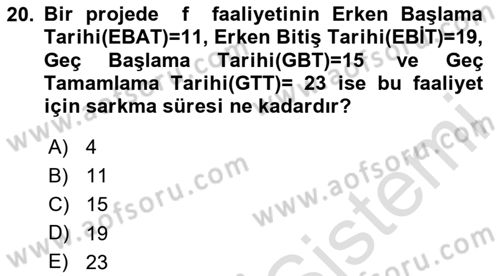 Proje Yönetimi Dersi 2024 - 2025 Yılı (Vize) Ara Sınav Soruları 20. Soru