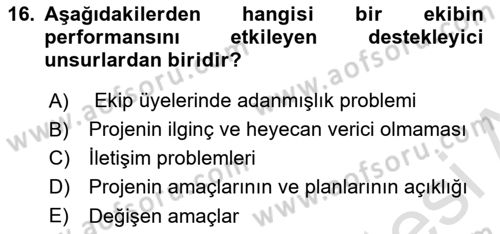 Proje Yönetimi Dersi 2024 - 2025 Yılı Yaz Okulu Sınav Soruları 16. Soru