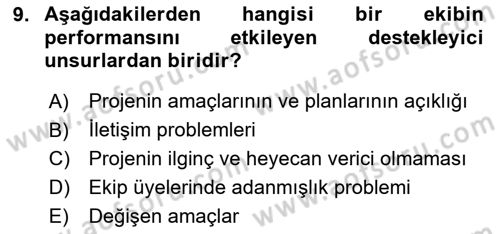 Proje Yönetimi Dersi 2025 - 2026 Yılı (Final) Dönem Sonu Sınav Soruları 9. Soru
