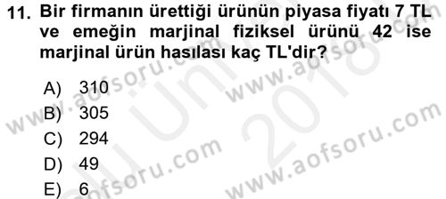 İktisada Giriş 1 Dersi 2017 - 2018 Yılı 3 Ders Sınav Soruları 11. Soru