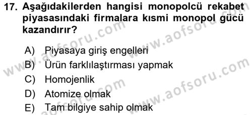 İktisada Giriş 1 Dersi 2017 - 2018 Yılı 3 Ders Sınav Soruları 17. Soru