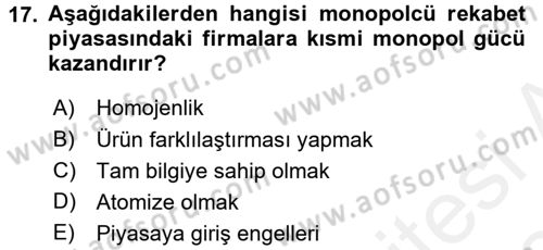 İktisada Giriş 1 Dersi 2017 - 2018 Yılı (Final) Dönem Sonu Sınav Soruları 17. Soru