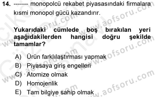 İktisada Giriş 1 Dersi 2018 - 2019 Yılı (Final) Dönem Sonu Sınav Soruları 14. Soru