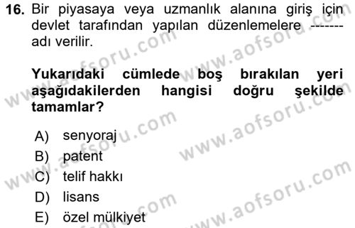 İktisada Giriş 1 Dersi 2018 - 2019 Yılı (Final) Dönem Sonu Sınav Soruları 16. Soru
