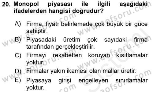 İktisada Giriş 1 Dersi 2018 - 2019 Yılı (Final) Dönem Sonu Sınav Soruları 20. Soru