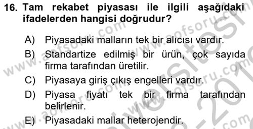 İktisada Giriş 1 Dersi 2018 - 2019 Yılı Yaz Okulu Sınav Soruları 16. Soru