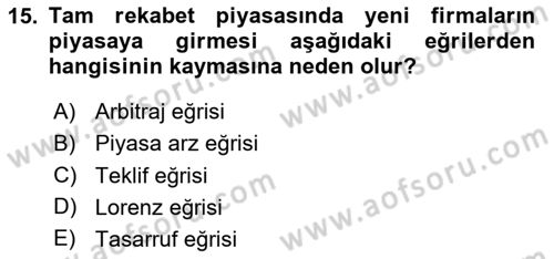 İktisada Giriş 1 Dersi 2020 - 2021 Yılı Yaz Okulu Sınav Soruları 15. Soru