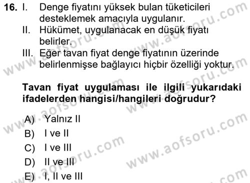 İktisada Giriş 1 Dersi 2020 - 2021 Yılı Yaz Okulu Sınav Soruları 16. Soru