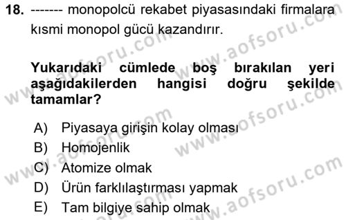 İktisada Giriş 1 Dersi 2020 - 2021 Yılı Yaz Okulu Sınav Soruları 18. Soru