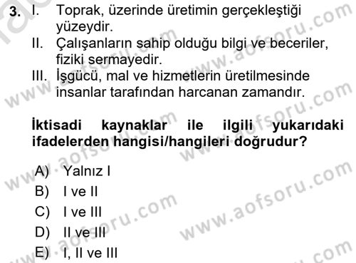 İktisada Giriş 1 Dersi 2021 - 2022 Yılı (Vize) Ara Sınav Soruları 3. Soru