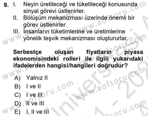 İktisada Giriş 1 Dersi 2021 - 2022 Yılı (Vize) Ara Sınav Soruları 9. Soru