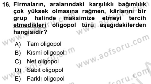 İktisada Giriş 1 Dersi 2021 - 2022 Yılı (Final) Dönem Sonu Sınav Soruları 16. Soru