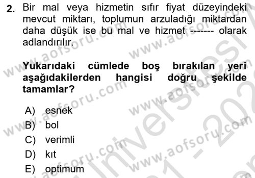 İktisada Giriş 1 Dersi 2021 - 2022 Yılı (Final) Dönem Sonu Sınav Soruları 2. Soru