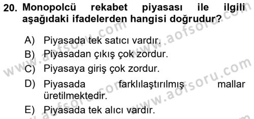 İktisada Giriş 1 Dersi 2021 - 2022 Yılı (Final) Dönem Sonu Sınav Soruları 20. Soru