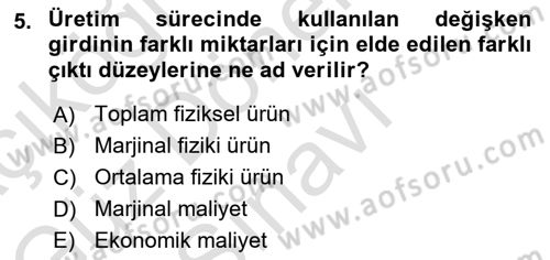 İktisada Giriş 1 Dersi 2021 - 2022 Yılı (Final) Dönem Sonu Sınav Soruları 5. Soru