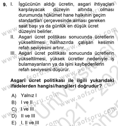 İktisada Giriş 1 Dersi 2021 - 2022 Yılı (Final) Dönem Sonu Sınav Soruları 9. Soru