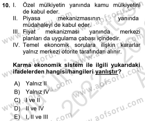 İktisada Giriş 1 Dersi 2022 - 2023 Yılı (Vize) Ara Sınav Soruları 10. Soru