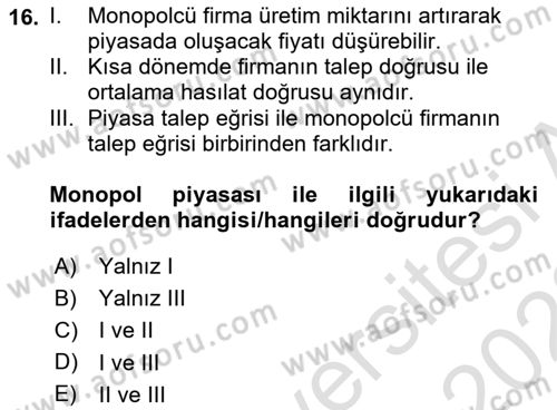 İktisada Giriş 1 Dersi 2022 - 2023 Yılı (Final) Dönem Sonu Sınav Soruları 16. Soru