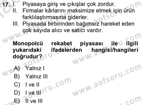 İktisada Giriş 1 Dersi 2022 - 2023 Yılı (Final) Dönem Sonu Sınav Soruları 17. Soru