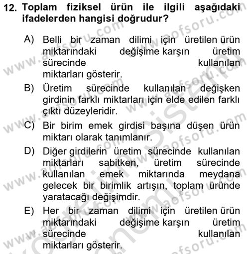 İktisada Giriş 1 Dersi 2023 - 2024 Yılı (Final) Dönem Sonu Sınav Soruları 12. Soru