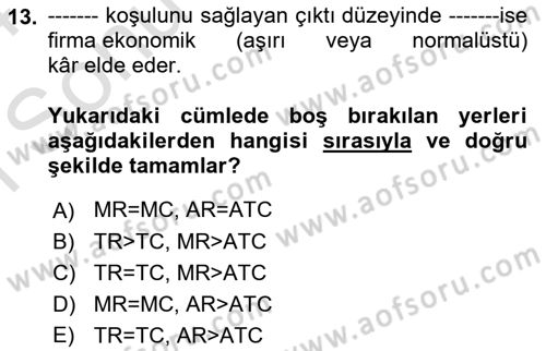 İktisada Giriş 1 Dersi 2023 - 2024 Yılı (Final) Dönem Sonu Sınav Soruları 13. Soru