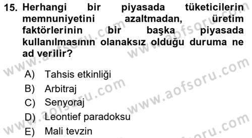 İktisada Giriş 1 Dersi 2023 - 2024 Yılı (Final) Dönem Sonu Sınav Soruları 15. Soru