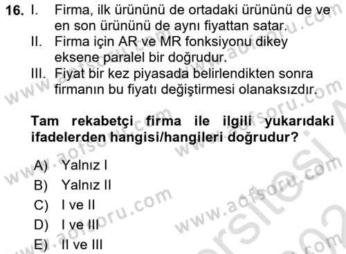 İktisada Giriş 1 Dersi 2023 - 2024 Yılı (Final) Dönem Sonu Sınav Soruları 16. Soru