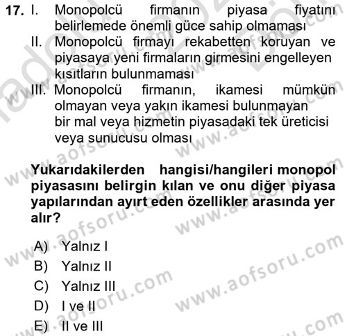 İktisada Giriş 1 Dersi 2023 - 2024 Yılı (Final) Dönem Sonu Sınav Soruları 17. Soru