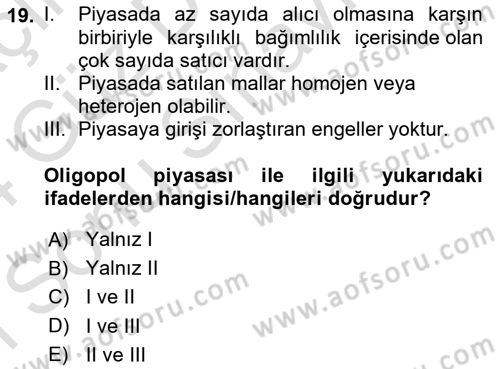İktisada Giriş 1 Dersi 2023 - 2024 Yılı (Final) Dönem Sonu Sınav Soruları 19. Soru