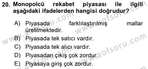 İktisada Giriş 1 Dersi 2023 - 2024 Yılı (Final) Dönem Sonu Sınav Soruları 20. Soru