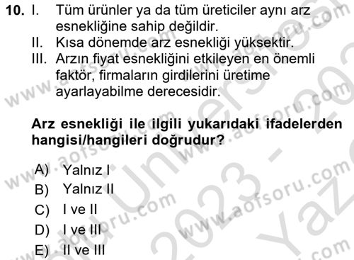 İktisada Giriş 1 Dersi 2023 - 2024 Yılı Yaz Okulu Sınav Soruları 10. Soru