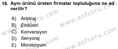 İktisada Giriş 1 Dersi 2023 - 2024 Yılı Yaz Okulu Sınav Soruları 16. Soru