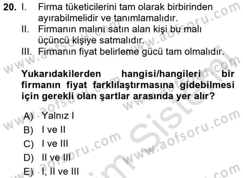 İktisada Giriş 1 Dersi 2023 - 2024 Yılı Yaz Okulu Sınav Soruları 20. Soru