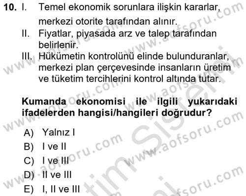 İktisada Giriş 1 Dersi 2024 - 2025 Yılı (Vize) Ara Sınav Soruları 10. Soru