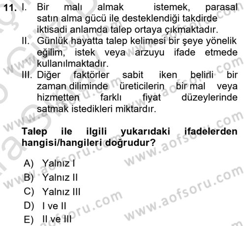 İktisada Giriş 1 Dersi 2024 - 2025 Yılı (Vize) Ara Sınav Soruları 11. Soru