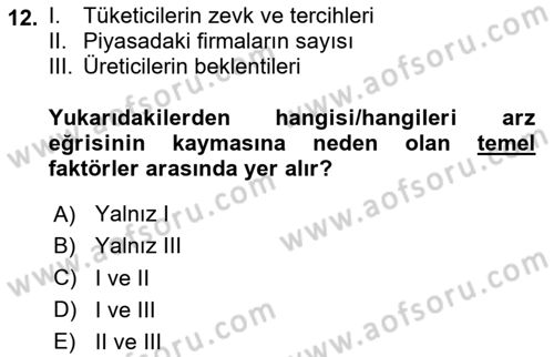 İktisada Giriş 1 Dersi 2024 - 2025 Yılı (Vize) Ara Sınav Soruları 12. Soru