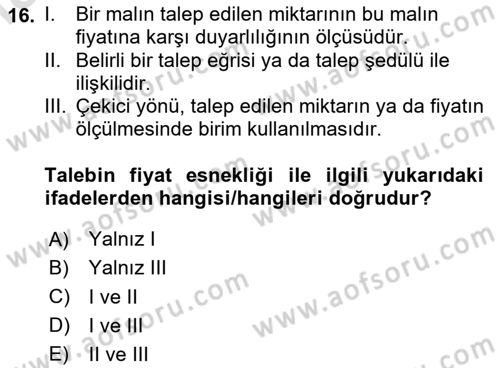 İktisada Giriş 1 Dersi 2024 - 2025 Yılı (Vize) Ara Sınav Soruları 16. Soru