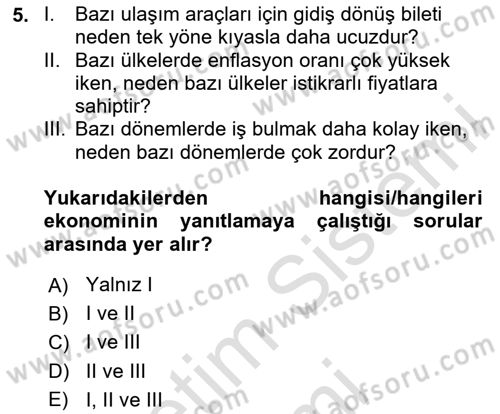 İktisada Giriş 1 Dersi 2024 - 2025 Yılı (Vize) Ara Sınav Soruları 5. Soru