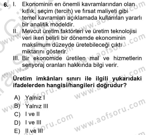 İktisada Giriş 1 Dersi 2024 - 2025 Yılı (Vize) Ara Sınav Soruları 6. Soru