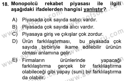 İktisada Giriş 1 Dersi 2024 - 2025 Yılı Yaz Okulu Sınav Soruları 18. Soru