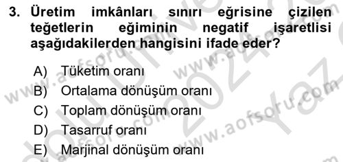 İktisada Giriş 1 Dersi 2024 - 2025 Yılı Yaz Okulu Sınav Soruları 3. Soru