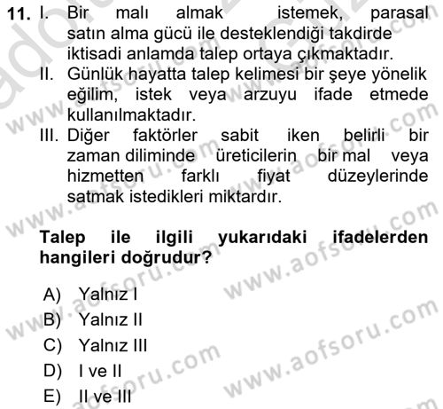 İktisada Giriş 1 Dersi 2025 - 2026 Yılı (Vize) Ara Sınav Soruları 11. Soru