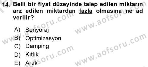 İktisada Giriş 1 Dersi 2025 - 2026 Yılı (Vize) Ara Sınav Soruları 14. Soru