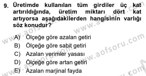 İktisada Giriş 1 Dersi 2025 - 2026 Yılı (Final) Dönem Sonu Sınav Soruları 9. Soru