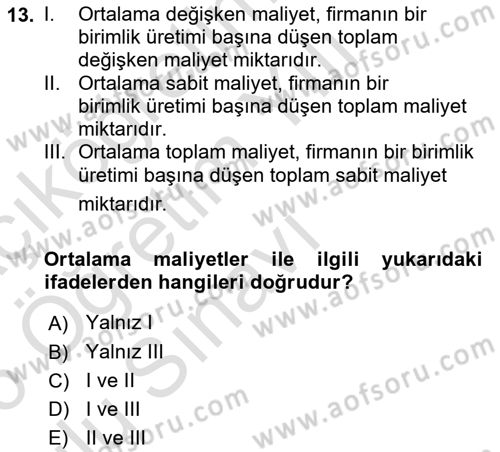 İktisada Giriş 1 Dersi 2025 - 2026 Yılı Yaz Okulu Sınav Soruları 13. Soru