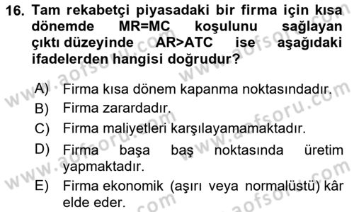 İktisada Giriş 1 Dersi 2025 - 2026 Yılı Yaz Okulu Sınav Soruları 16. Soru