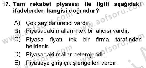 İktisada Giriş 1 Dersi 2025 - 2026 Yılı Yaz Okulu Sınav Soruları 17. Soru