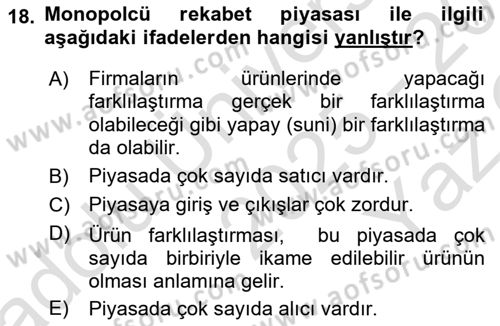 İktisada Giriş 1 Dersi 2025 - 2026 Yılı Yaz Okulu Sınav Soruları 18. Soru