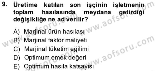 İktisada Giriş 2 Dersi 2014 - 2015 Yılı Tek Ders Sınav Soruları 9. Soru