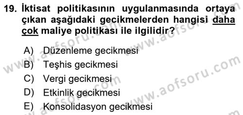 İktisada Giriş 2 Dersi 2024 - 2025 Yılı Yaz Okulu Sınav Soruları 19. Soru